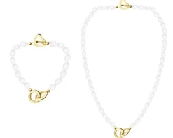 Bransoletka i naszyjnik ze stali szlachetnej z perłami - komplet - serce