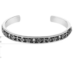 Bransoletka srebrna - czaszki, korona, krzyż, tarcza, lilijka