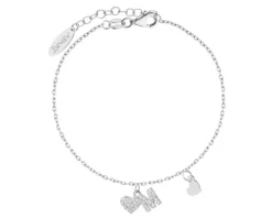 Bransoletka srebrna z cyrkoniami - litera M, serca