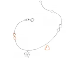 Bransoletka z białego i różowego złota z diamentami - serce, nieskończoność, koniczyna - 0,01 ct - próba 375