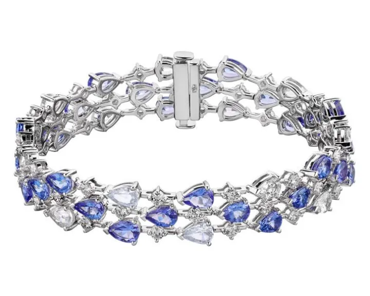 Bransoletka z białego złota z brylantami, tanzanitami i białymi szafirami - 18 cm - próba 585