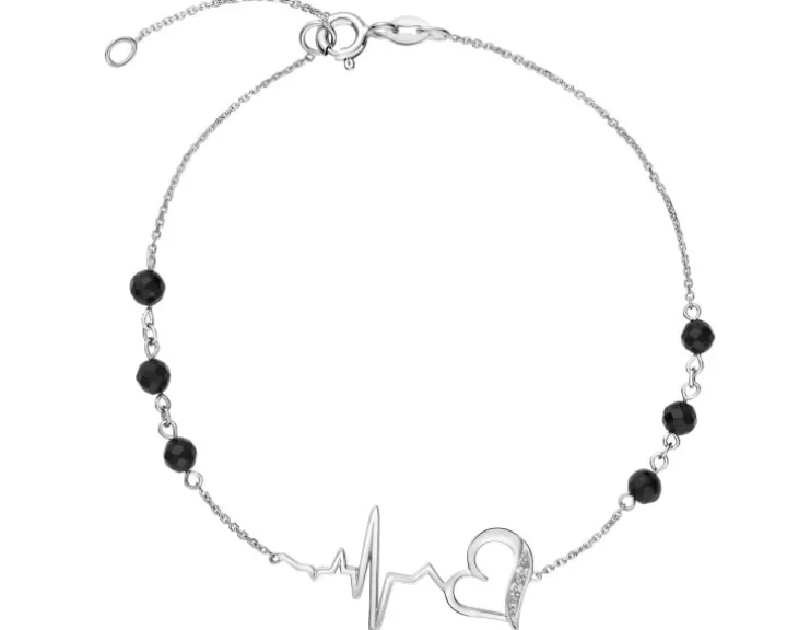 Bransoletka z białego złota z diamentami i agatami - EKG serca - próba 585