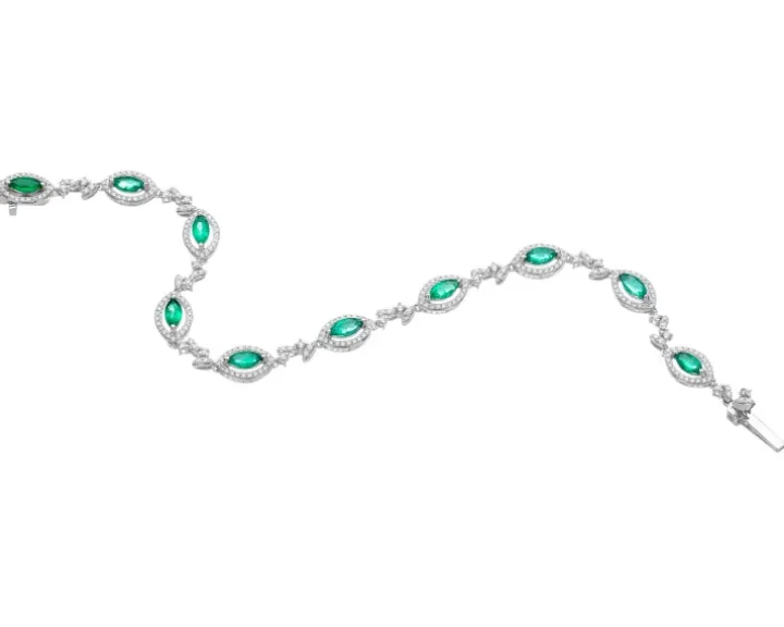 Bransoletka z białego złota z brylantami i szmaragdami - 18 cm - próba 585