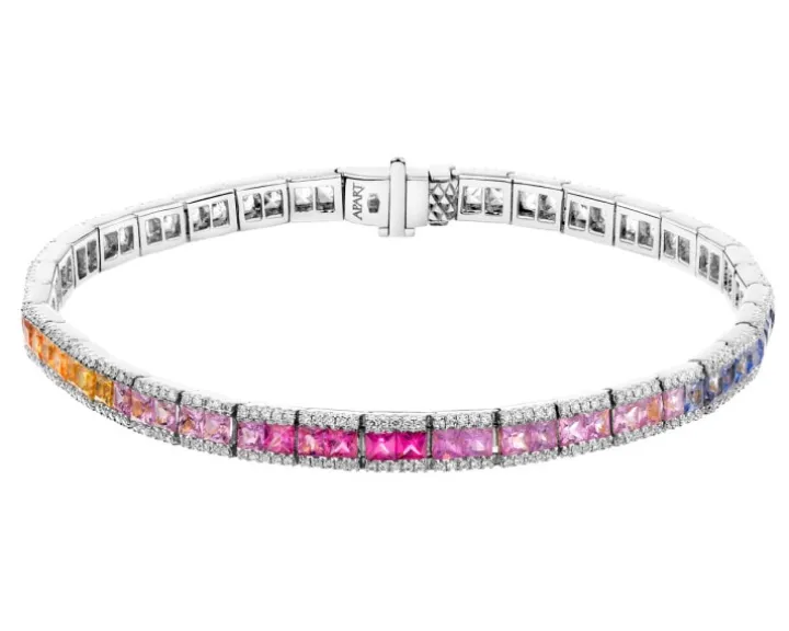 Bransoletka z białego złota z brylantami i szafirami kolorowymi - 18 cm - próba 585