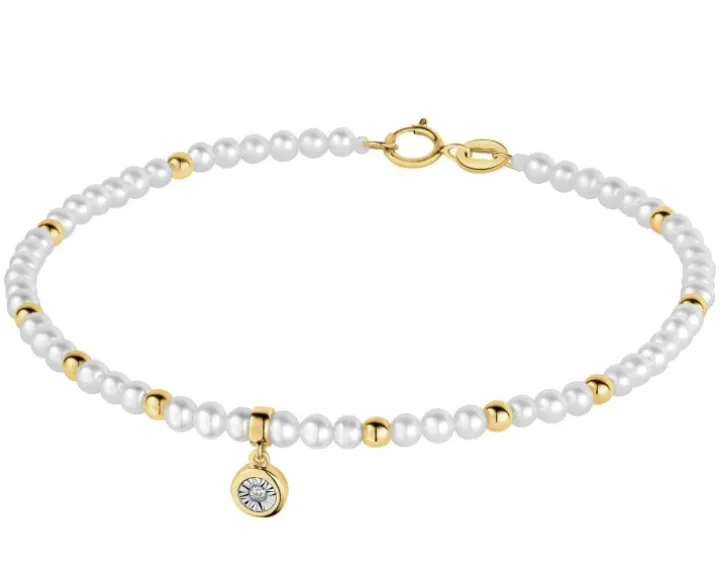 Bransoletka z brylantem, perłami i elementami żółtego i białego złota - 18 cm - próba 375