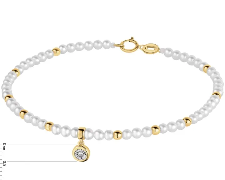 Bransoletka z brylantem, perłami i elementami żółtego i białego złota - 18 cm - próba 375