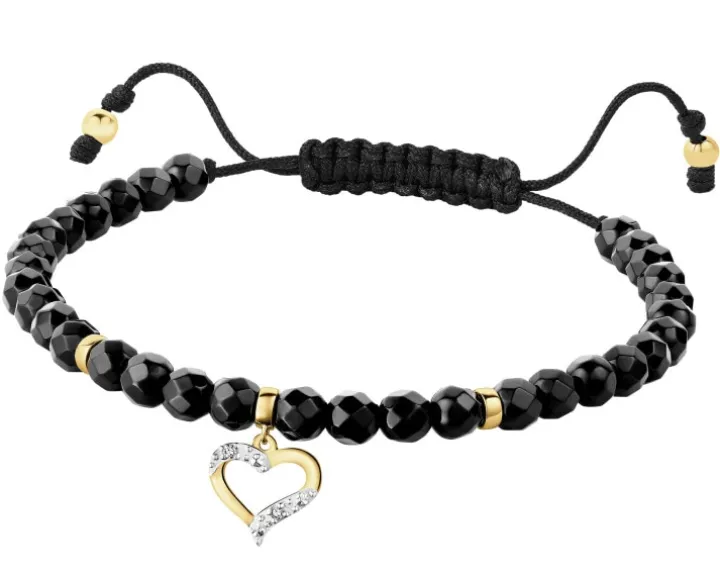 Bransoletka z diamentami, agatami i elementami żółtego złota - serce - próba 375