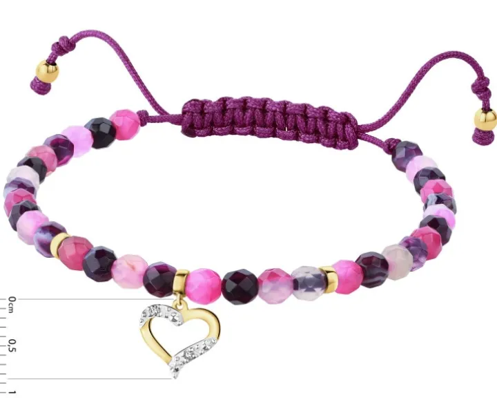 Bransoletka z diamentami, agatami i elementami żółtego złota - serce - próba 375