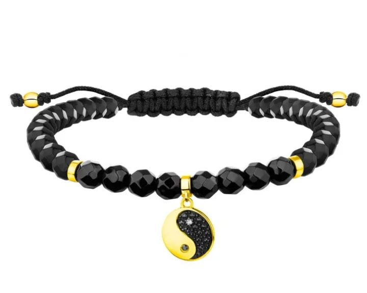 Bransoletka z diamentami, agatami i elementami żółtego złota - yin yang - próba 375