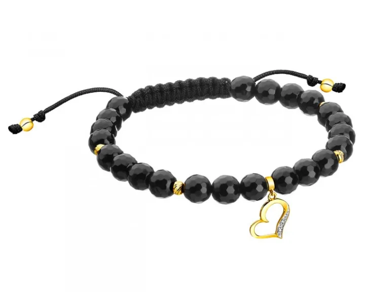 Bransoletka z diamentami, agatami i elementami żółtego złota - serce - próba 375