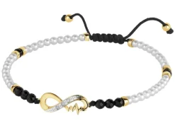 Bransoletka z diamentami, perłami, agatami i elementami żółtego złota - nieskończoność - próba 375