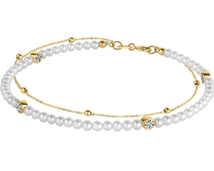Bransoletka z diamentami, perłami i elementami żółtego złota - 18 cm - próba 375