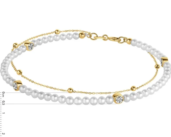 Bransoletka z diamentami, perłami i elementami żółtego złota - 18 cm - próba 375