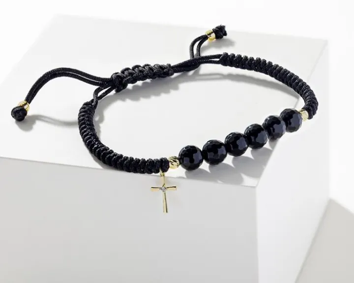 Bransoletka z diamentem, agatami i elementami żółtego złota - krzyż - próba 375