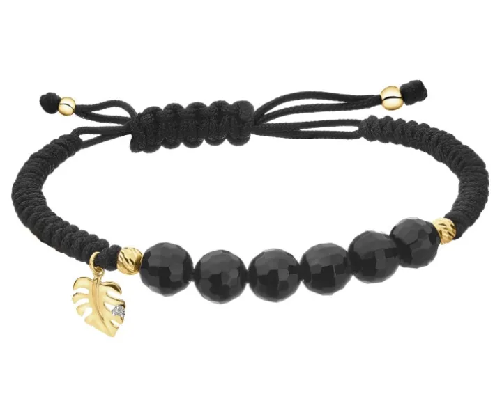 Bransoletka z diamentem, agatami i elementami żółtego złota - monstera - próba 375