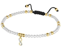 Bransoletka z diamentem, perłami i elementami żółtego złota - nieskończoność - próba 375