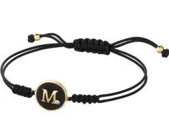 Bransoletka z elementami żółtego złota, diamentem i onyksem - litera M - próba 375