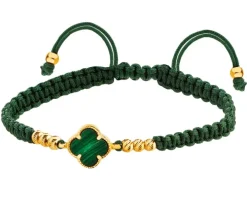 Bransoletka z malachitem naturalnym i elementami z żółtego złota - koniczyna