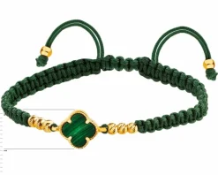 Bransoletka z malachitem naturalnym i elementami z żółtego złota - koniczyna