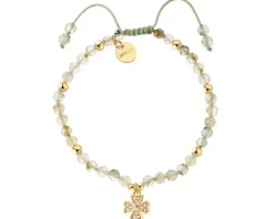 Bransoletka z mosiądzu pozłacana z prehnitami i cyrkoniami - koniczyna