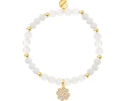 Bransoletka z mosiądzu pozłacana z kwarcami, cyrkoniami i szklanymi detalami - koniczyna