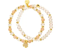 Bransoletka z mosiądzu pozłacana z kamieniami księżycowymi, szklanymi detalami i cyrkoniami - koniczyna