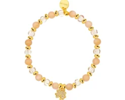 Bransoletka z mosiądzu pozłacana z kamieniami księżycowymi, szklanymi detalami i cyrkoniami - koniczyna