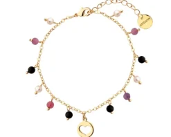 Bransoletka z mosiądzu pozłacana z agatami, turmalinami i perłami - serce