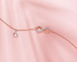 Bransoletka z różowego i białego złota z diamentami - nieskończoność i serce - 0,01 ct - próba 375