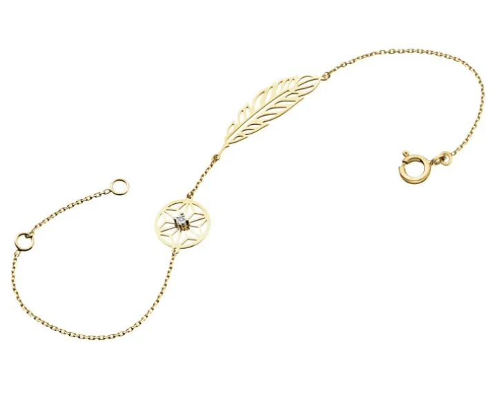 Bransoletka z żółtego i białego złota z brylantem - piórko - 0,005 ct - próba 375