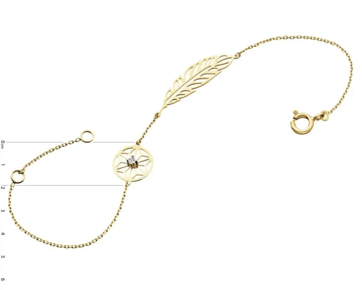 Bransoletka z żółtego i białego złota z brylantem - piórko - 0,005 ct - próba 375