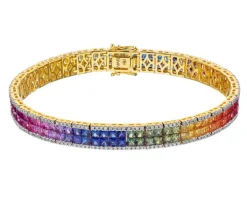 Bransoletka z żółtego złota z brylantami i szafirami kolorowymi - 18 cm - próba 585