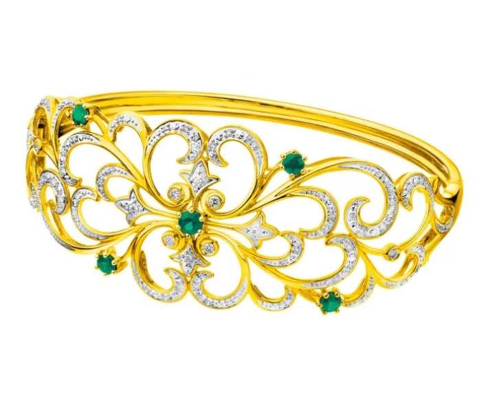 Bransoletka z żółtego złota z brylantami i szmaragdami - próba 585