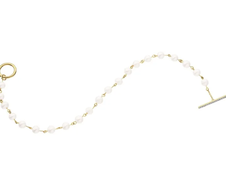 Bransoletka z żółtego złota z diamentami i perłami - 18 cm - próba 585