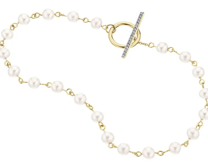 Bransoletka z żółtego złota z diamentami i perłami - 18 cm - próba 585