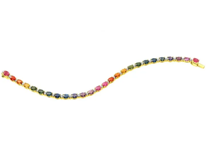 Bransoletka z żółtego złota z brylantami i szafirami kolorowymi - 18 cm - próba 585