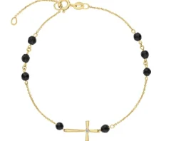 Bransoletka z żółtego złota z diamentem i agatami - krzyż - próba 375