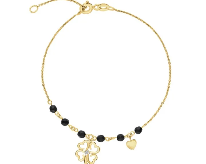 Bransoletka z żółtego złota z brylantem i agatami - koniczyna, serca - próba 375