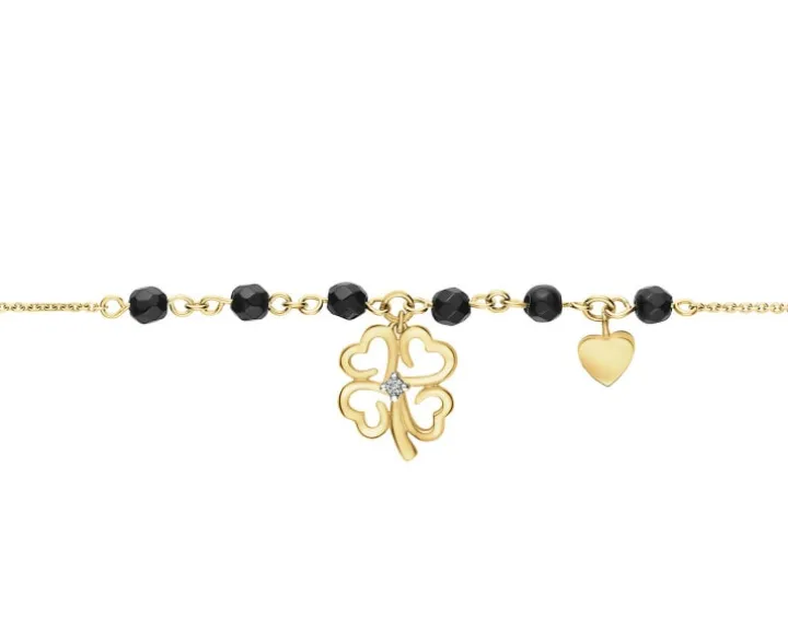 Bransoletka z żółtego złota z brylantem i agatami - koniczyna, serca - próba 375