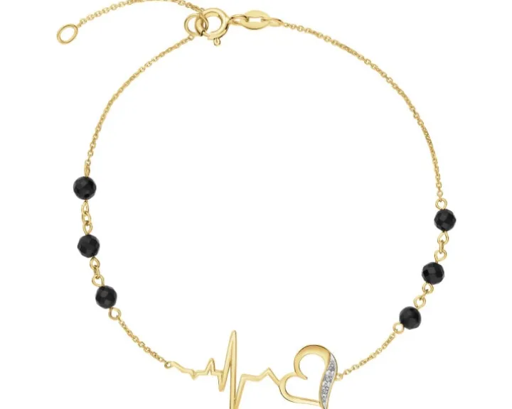 Bransoletka z żółtego złota z diamentami i agatami - EKG serca - próba 375