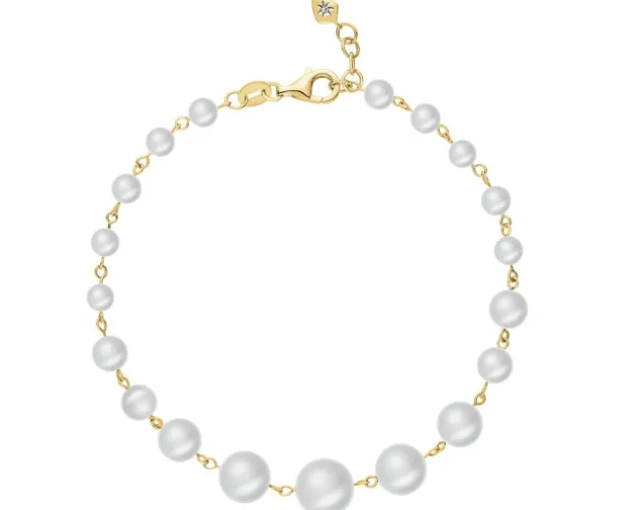 Bransoletka z żółtego złota z diamentem i perłami - próba 585