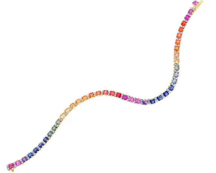 Bransoletka z żółtego złota z brylantami i szafirami kolorowymi - 18 cm - próba 585
