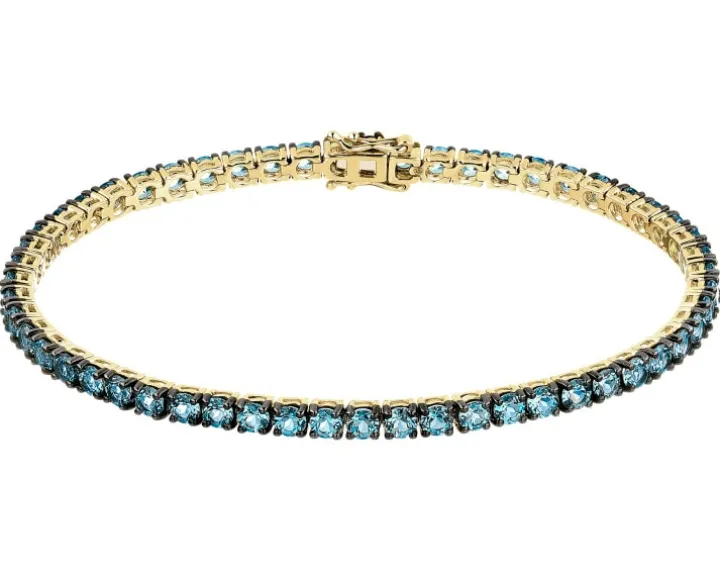 Bransoletka z żółtego złota z czarnym brylantem i topazami London Blue - 18 cm - próba 585