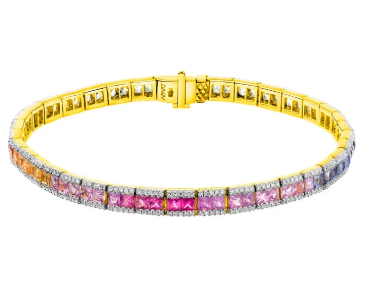 Bransoletka z żółtego złota z brylantami i szafirami kolorowymi - 19 cm - próba 585