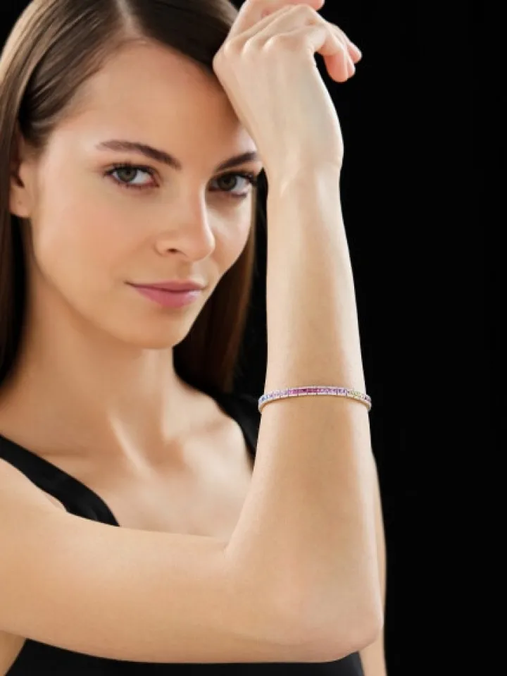 Bransoletka z żółtego złota z brylantami i szafirami kolorowymi - 19 cm - próba 585