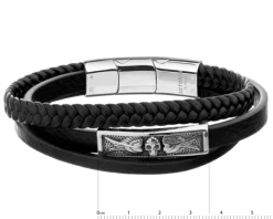 Bransoletka ze stali szlachetnej i skóry - czaszka, skrzydła