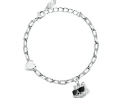 Bransoletka ze stali szlachetnej z cyrkoniami i emalią - kot, serce, Karl Lagerfeld