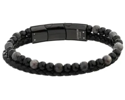 Bransoletka ze stali szlachetnej i skóry z hematytami