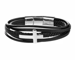 Bransoletka ze stali szlachetnej i skóry - krzyż