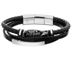 Bransoletka ze stali szlachetnej i skóry - czaszka, węże